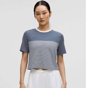 Lululemon Seamless Classic-Fit Mariner Stripe Cropped T-Shirt Club Blue / White